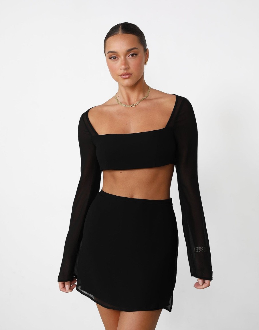 Clothing Charcoal Clothing Long Sleeve Tops | Abby Long Sleeve Crop Top (Black)