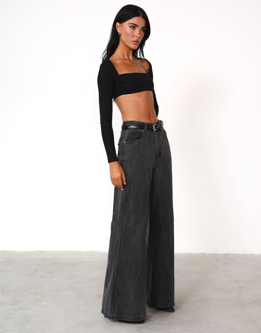 Clothing Charcoal Clothing Long Sleeve Tops | Broadway Crop Top (Black)