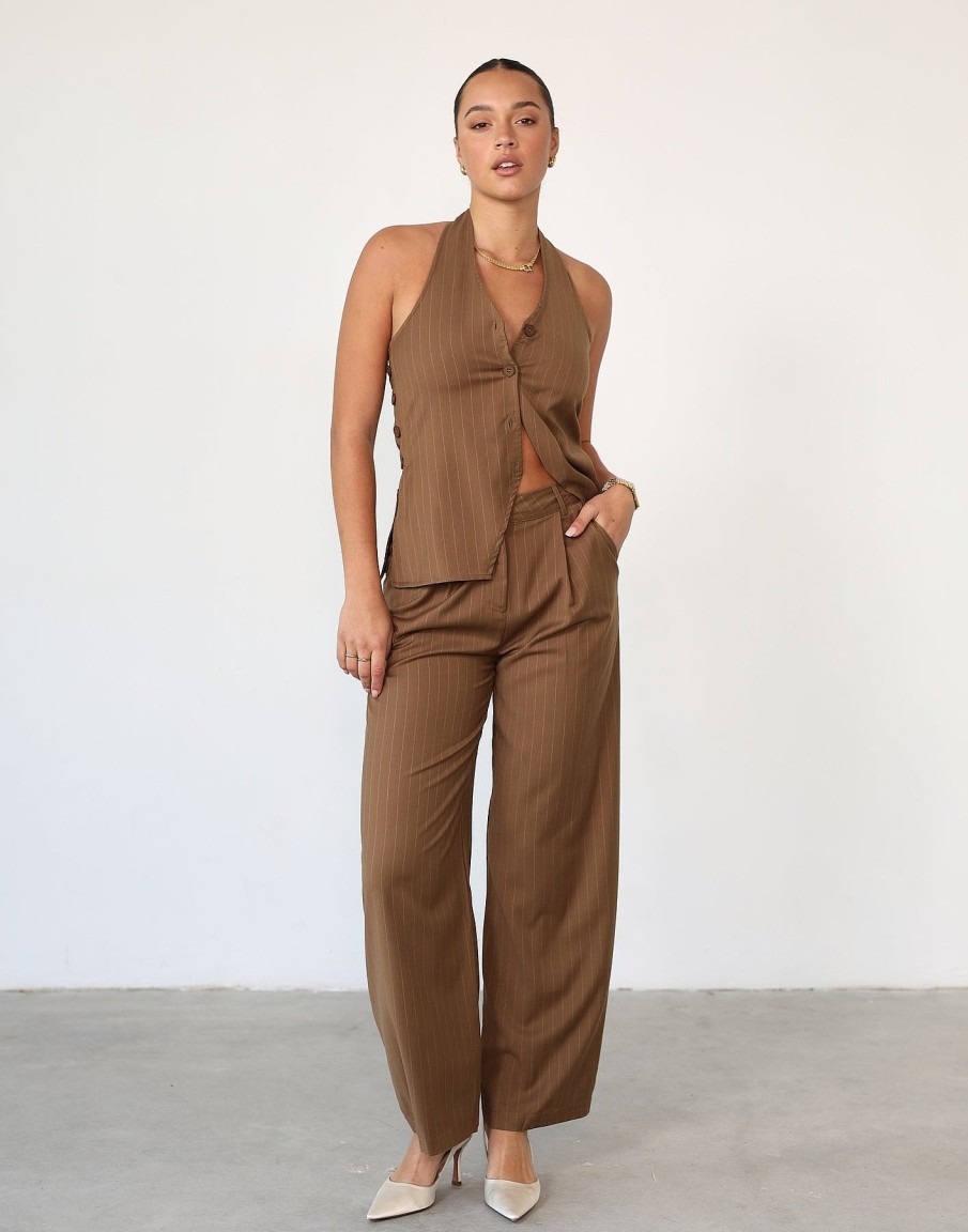 Clothing Qtrend | Devyn Halter Top (Brown Pinstripe)