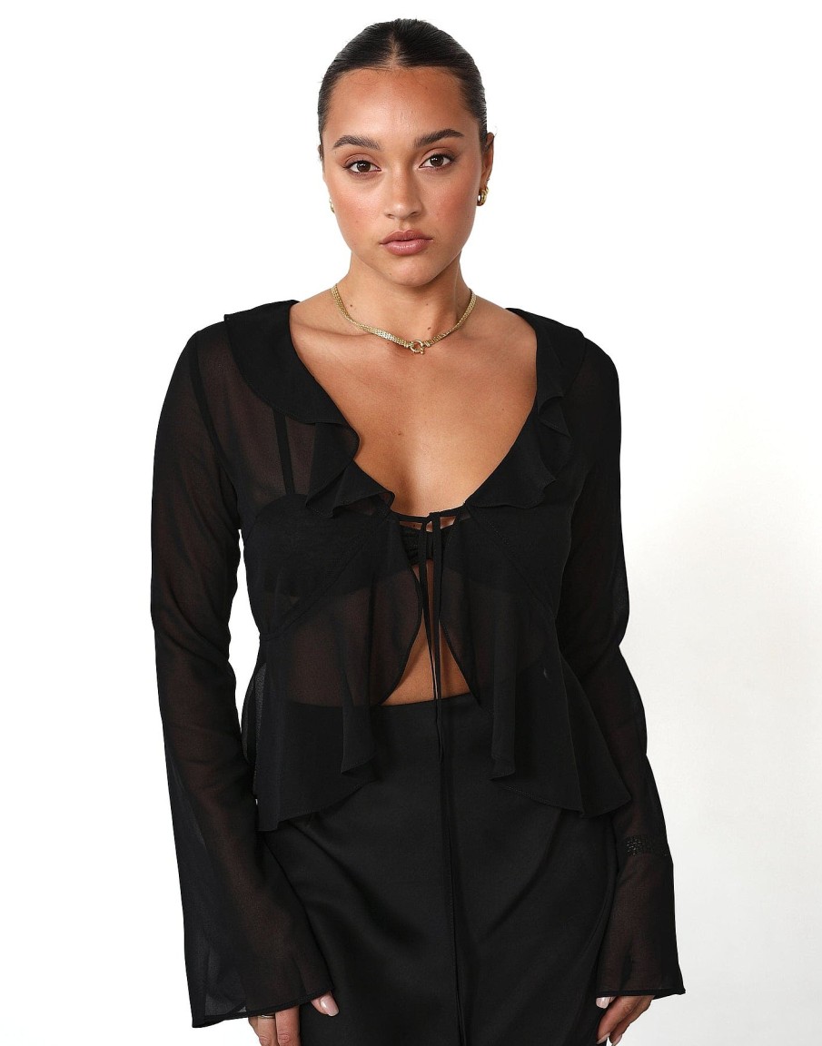 Clothing Charcoal Clothing Partywear | Leah Long Sleeve Top (Black)