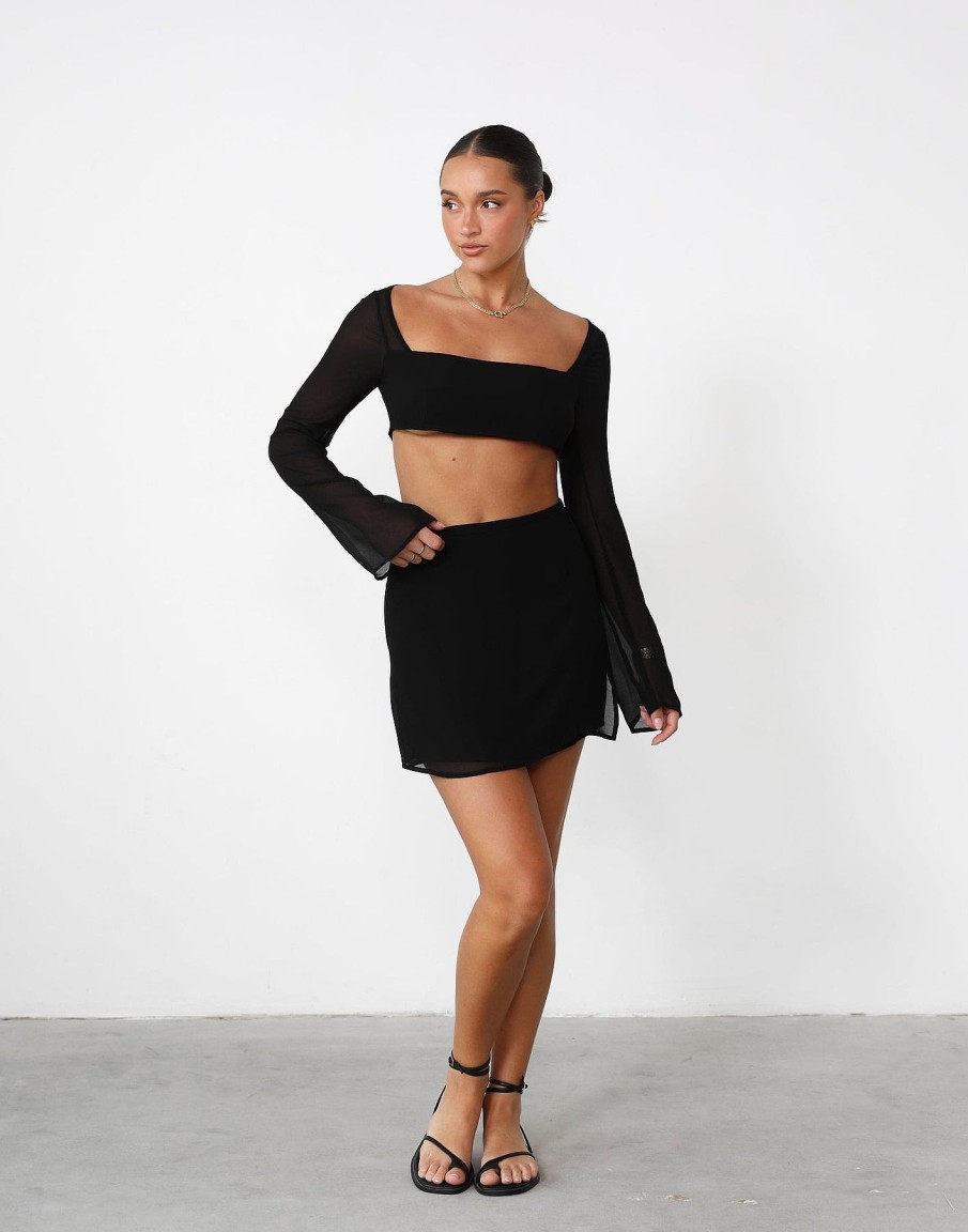 Clothing Charcoal Clothing Long Sleeve Tops | Abby Long Sleeve Crop Top (Black)