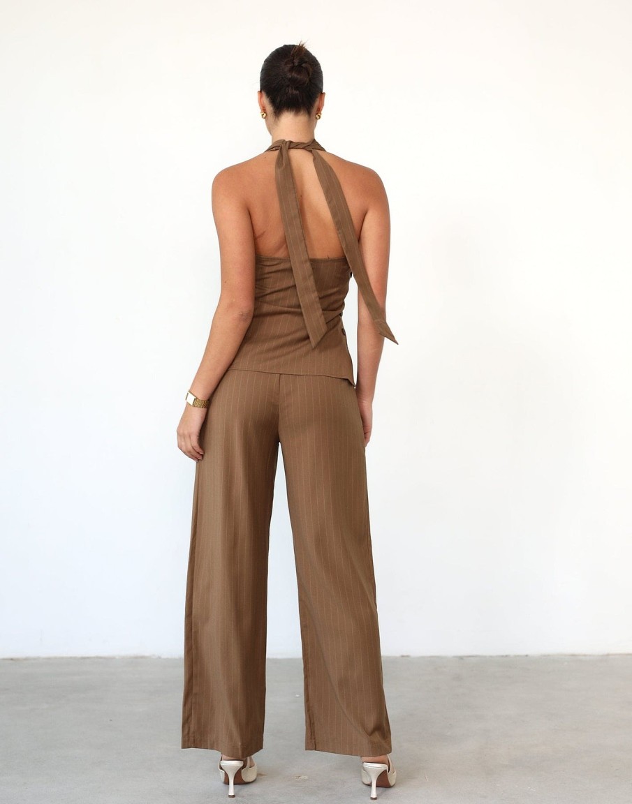 Clothing Qtrend | Devyn Halter Top (Brown Pinstripe)