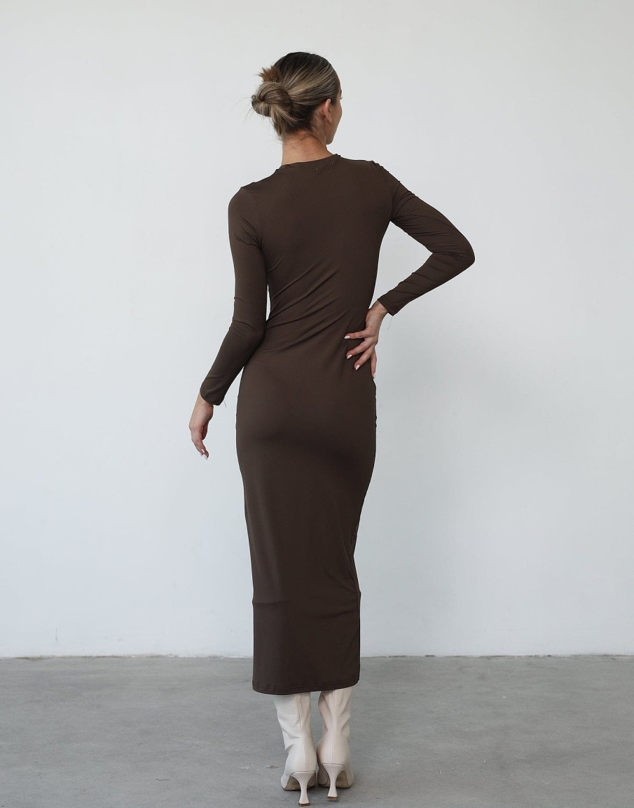 Clothing Qtrend Partywear | Shontae Long Sleeve Maxi Dress (Brown)