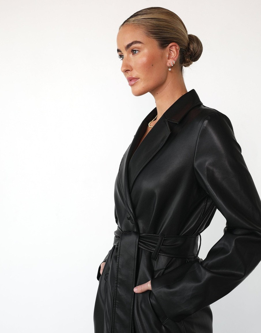 Clothing Charcoal Clothing Jackets + Coats | Blaze Trench Coat (Black Pu)