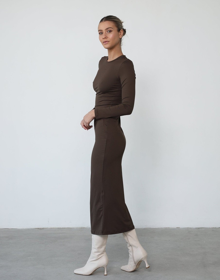 Clothing Qtrend Partywear | Shontae Long Sleeve Maxi Dress (Brown)