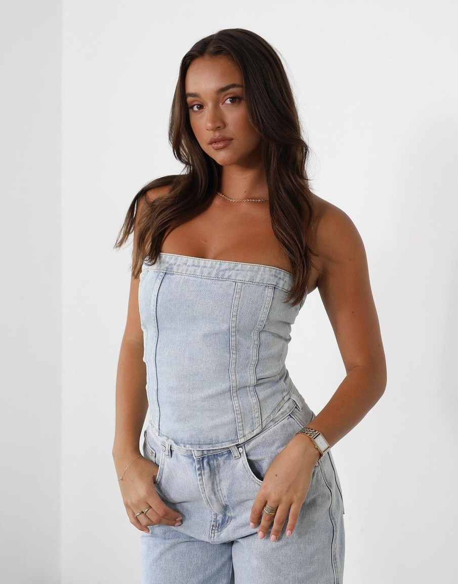 Clothing CHARCOAL CLOTHING Denim Edit | Kloe Denim Corset Top (Light Vintage)