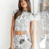 Clothing Charcoal Clothing Partywear | On The Scene Mesh Mini Skirt (Newspaper)