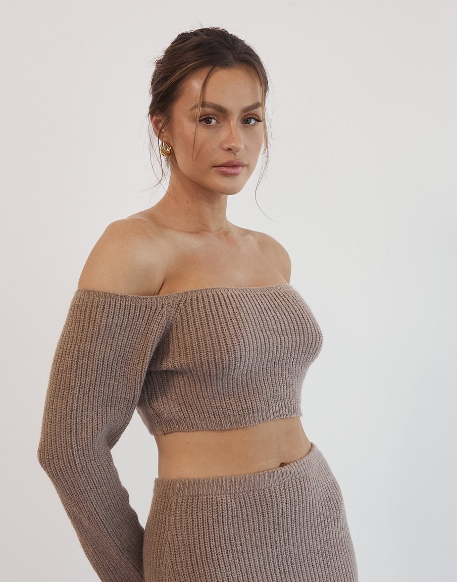 Clothing Pink Diamond Crop Tops | Sharna Long Sleeve Knit Top (Brown)