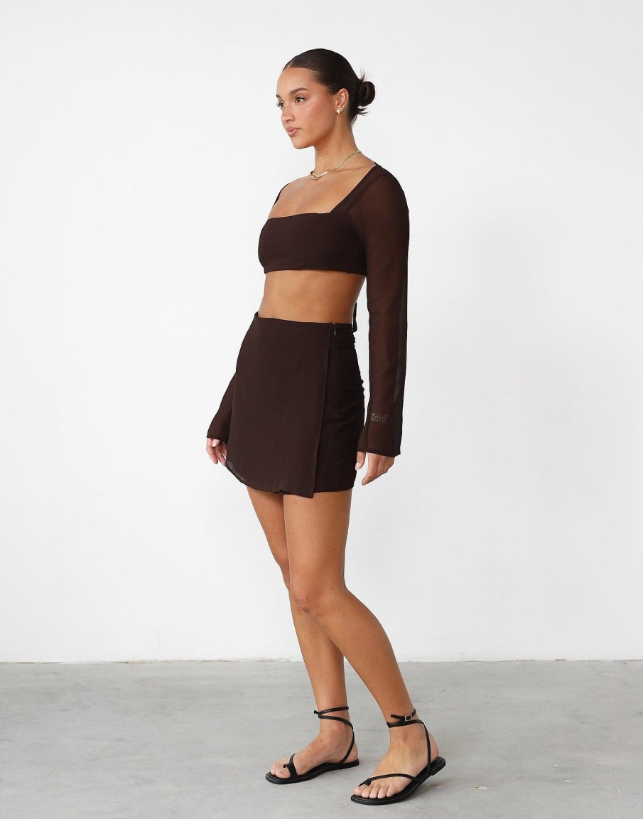 Clothing Charcoal Clothing Partywear | Abby Long Sleeve Crop Top (Cocoa)