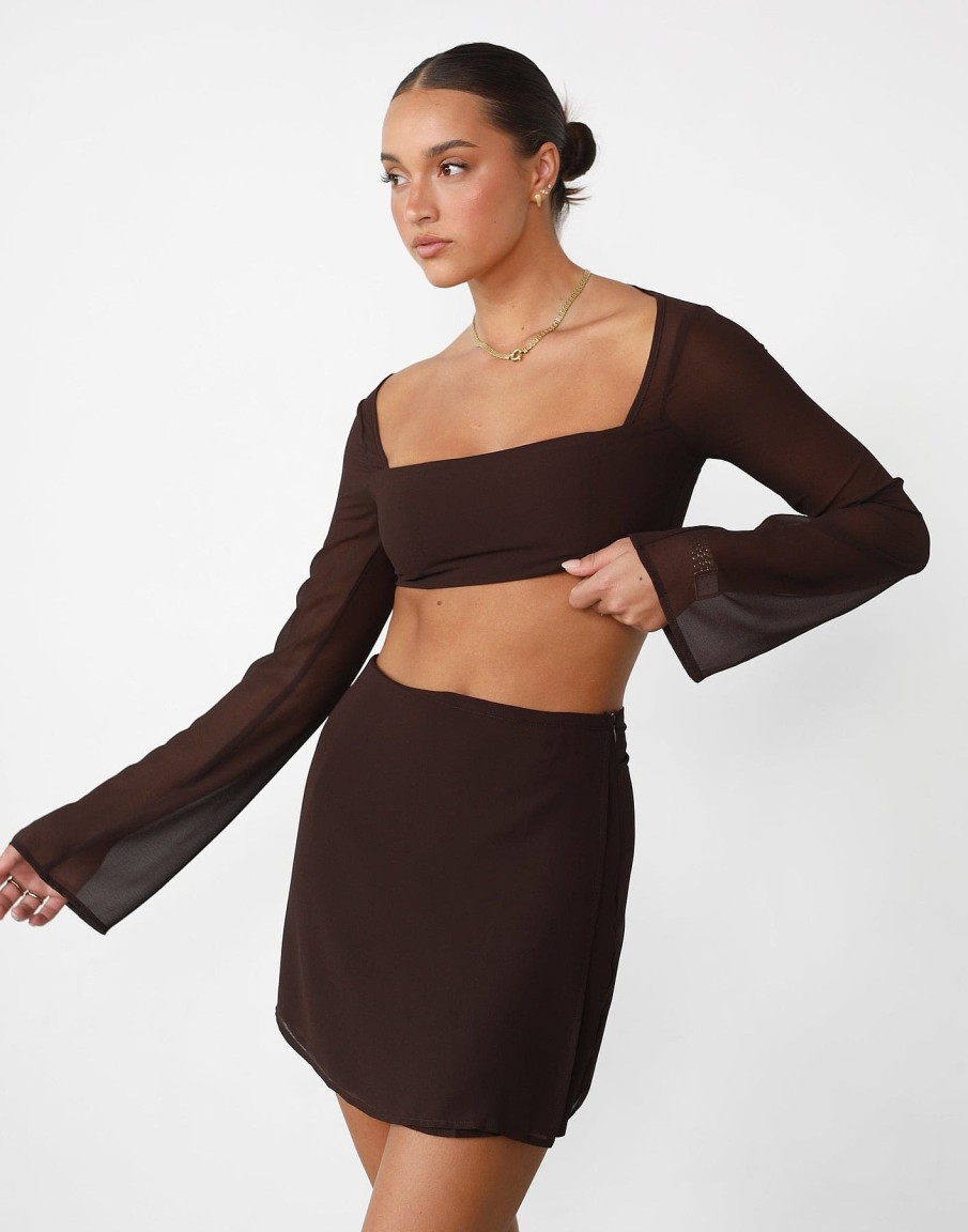 Clothing Charcoal Clothing Partywear | Abby Long Sleeve Crop Top (Cocoa)