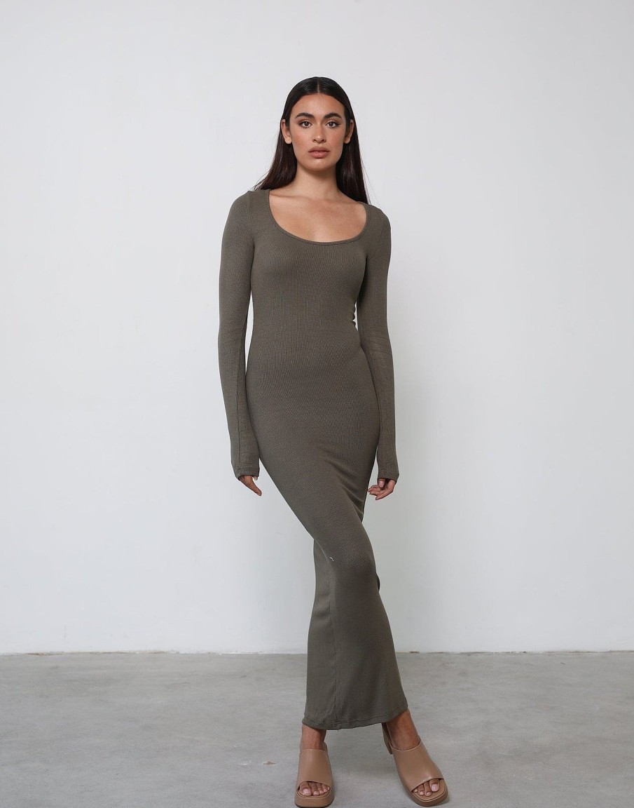 Clothing Qtrend Maxi Dresses | Zamira Long Sleeve Maxi Dress (Khaki)