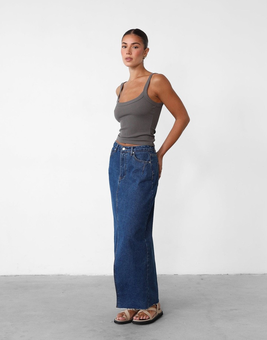 Clothing Charcoal Clothing Denim Edit | Drew Denim Midi Skirt (Dark Denim)