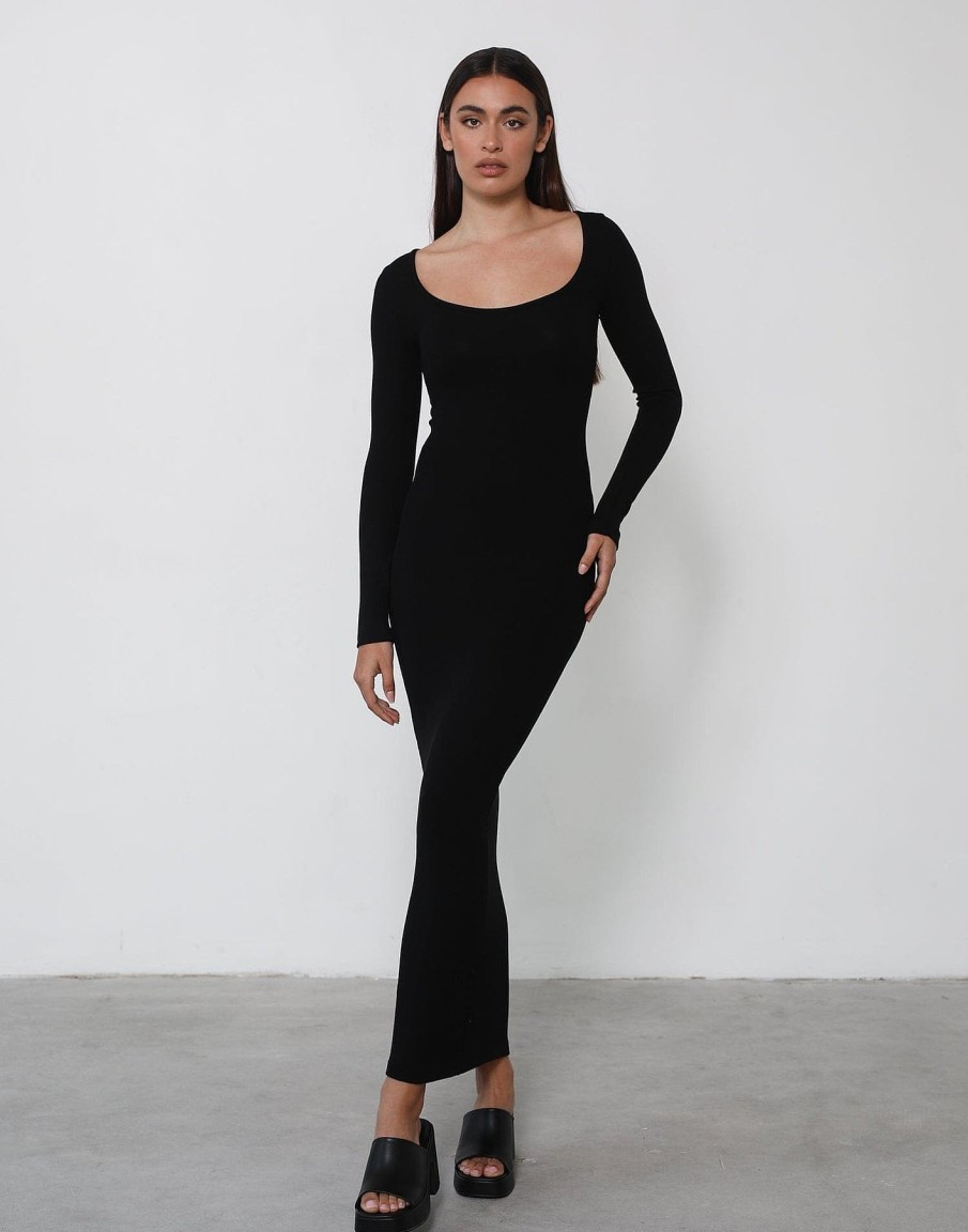 Clothing Qtrend Maxi Dresses | Zamira Long Sleeve Maxi Dress (Black)