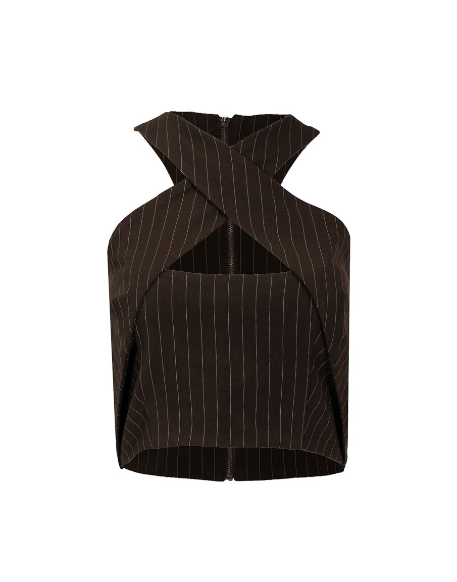 Clothing Charcoal Clothing Workwear | Emily Pinstripe Crop Top (Brown)