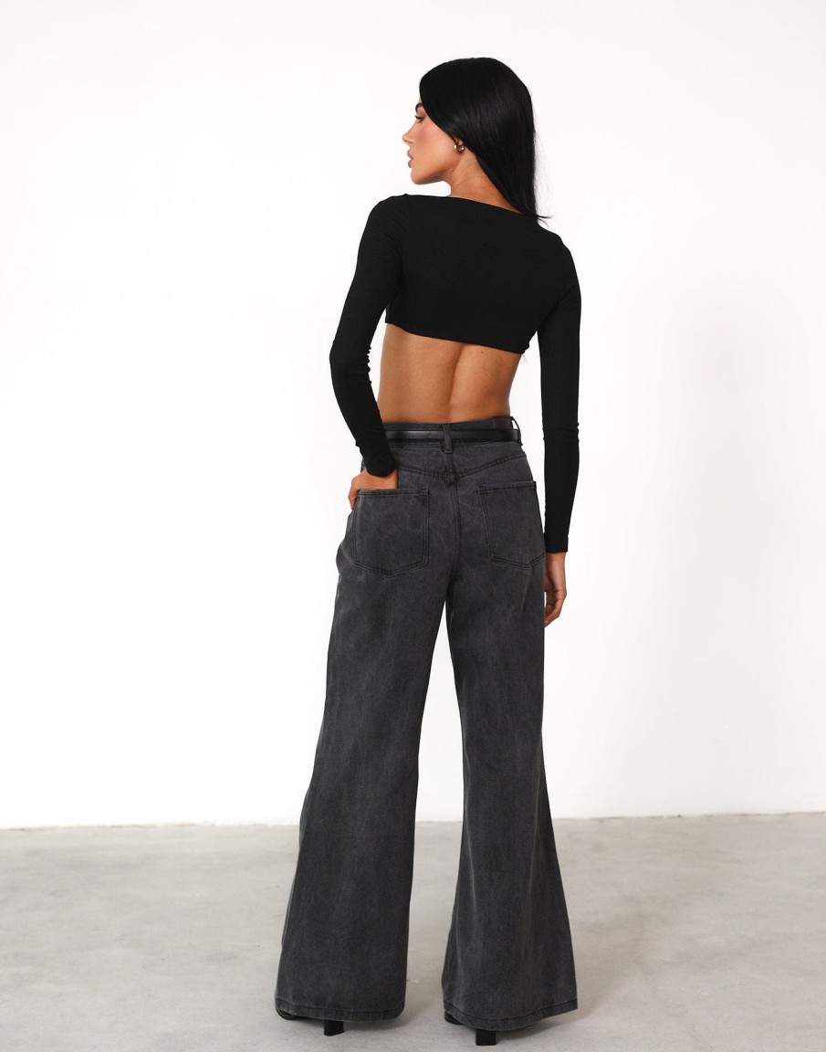 Clothing Charcoal Clothing Long Sleeve Tops | Broadway Crop Top (Black)