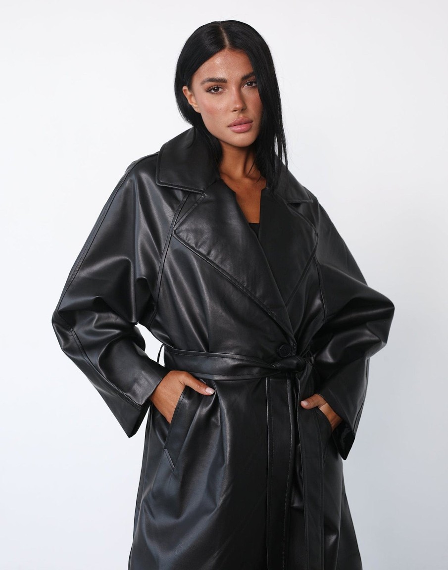 Clothing Thanne Jackets + Coats | Wilana Trench Coat (Black Pu)