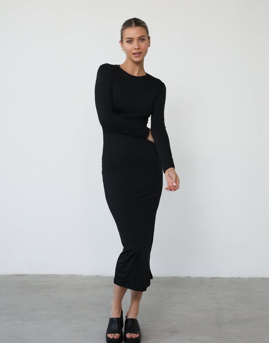 Clothing Qtrend Partywear | Shontae Long Sleeve Maxi Dress (Black)