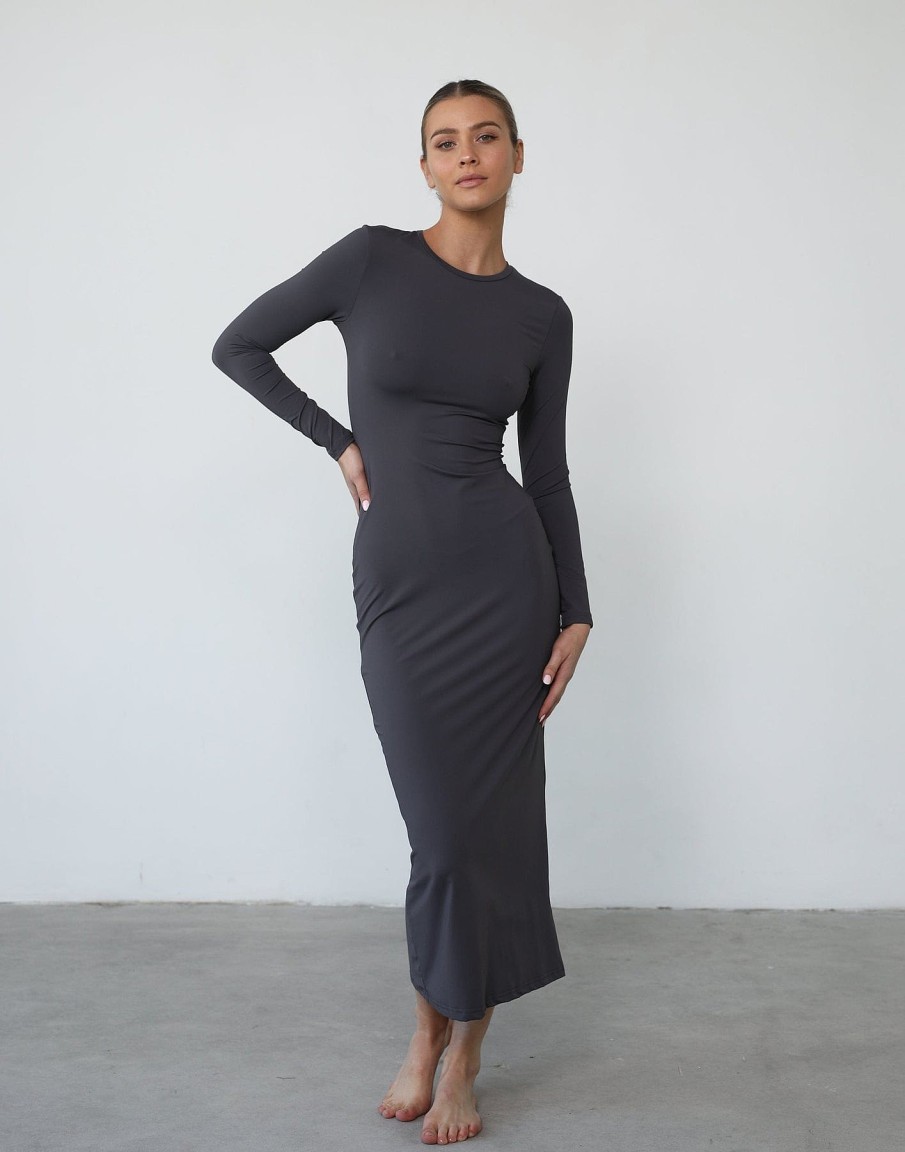 Clothing Qtrend Partywear | Shontae Long Sleeve Maxi Dress (Slate)