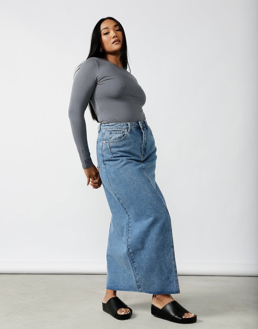 Clothing Charcoal Clothing Denim Edit | Drew Denim Midi Skirt (Mid Wash)